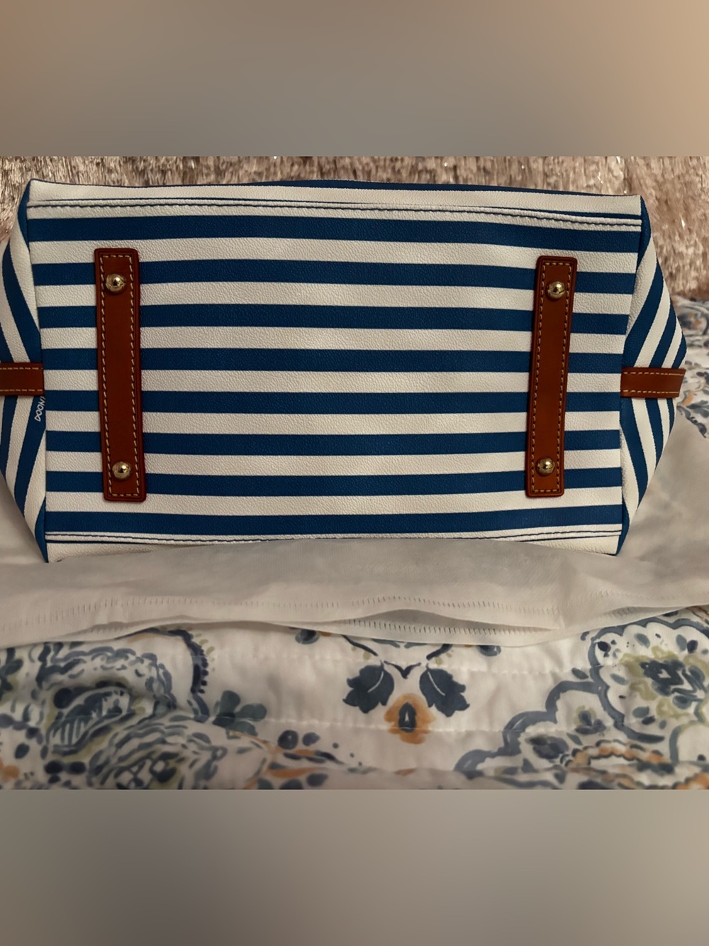 Dooney & Bourke Blue and White Striped Tote with Brown Leather Trim - Picture 7 of 10